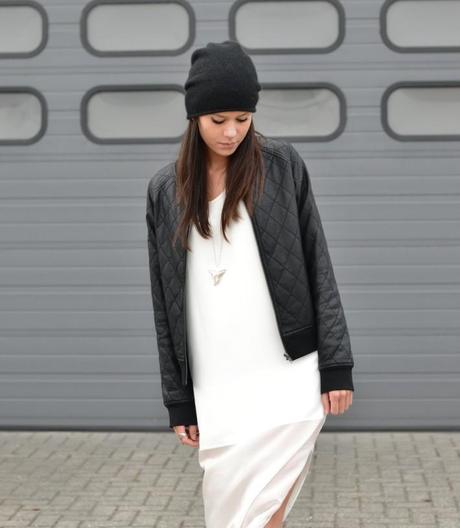 outfit bomber jacket beanie white dress
