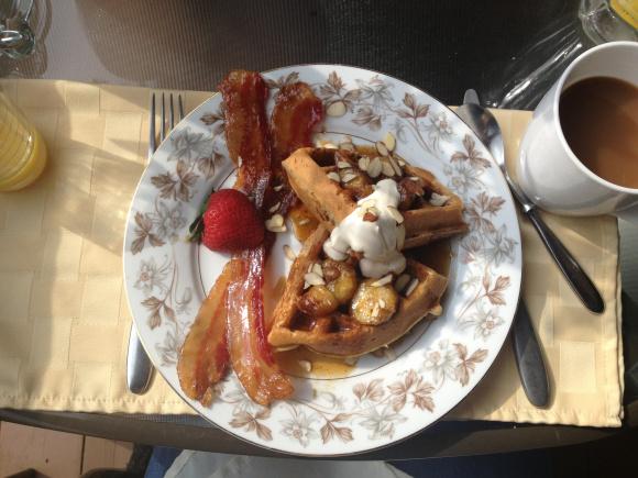 Bananas foster waffles and (to DIE for) maple bacon
