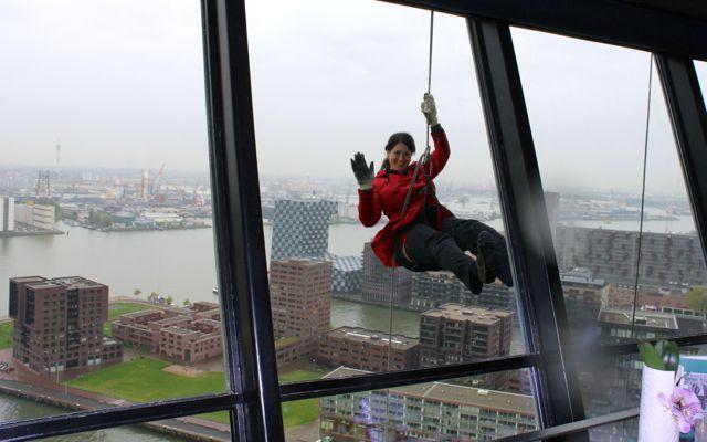 Abseiling from the Euromast in Rotterdam.  View from the restaurant.