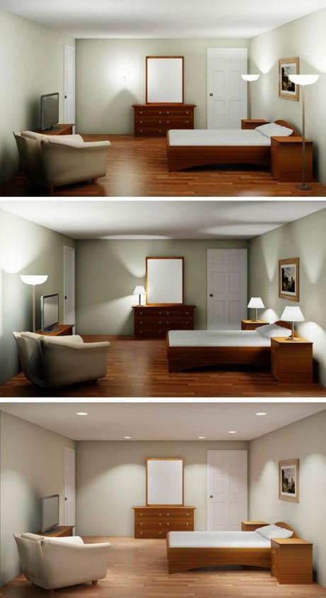 Lighting Patterns for Homes allows homeowners to see how various lighting designs will actually look in a room by viewing photo-realistic illustrations created by 3-D modeling software. The images above show three different lighting designs for a bedroom. (Credit: Lighting Patterns for Homes)