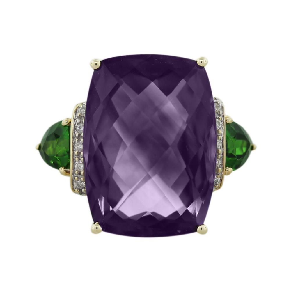 amethyst cocktail ring with diamonds and tsavorites in yellow gold
