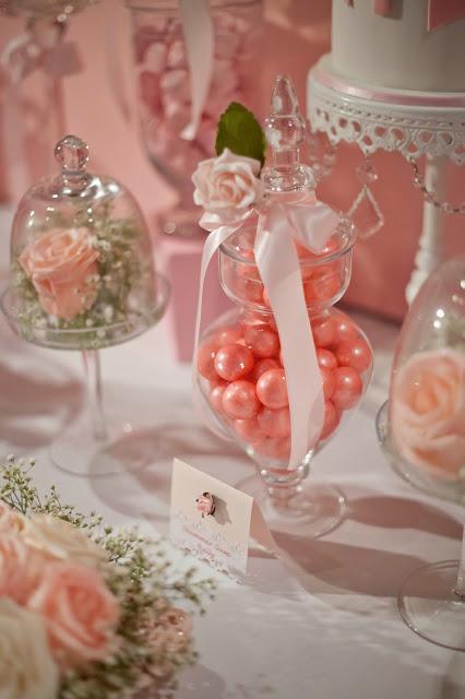 Bows and  Pink Roses Themed Table for Milani's 1st birthday and Christening by Little Wish Cakes