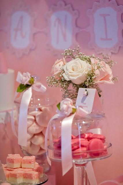 Bows and  Pink Roses Themed Table for Milani's 1st birthday and Christening by Little Wish Cakes