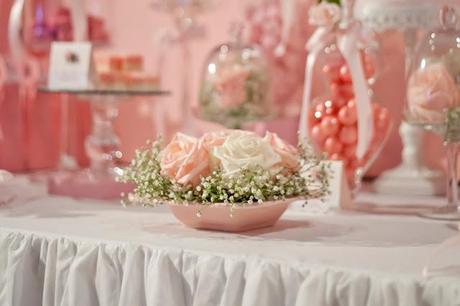 Bows and  Pink Roses Themed Table for Milani's 1st birthday and Christening by Little Wish Cakes