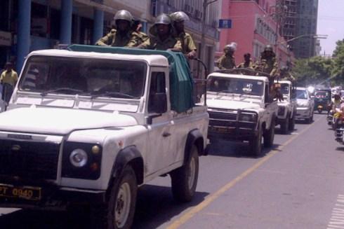 Police are dispatched to patrol the streets of Dar es Salaam on Thursday (May 23rd) after violence erupted in Mtwara over the construction of a gas pipeline. [Deodatus Balile/Sabahi]