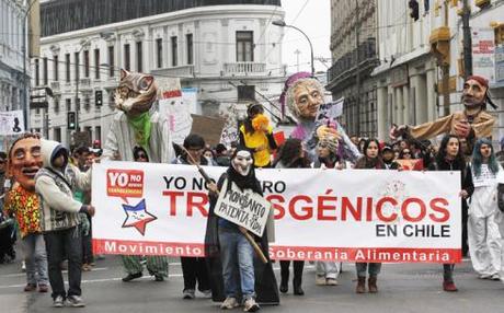 Demonstrators hold banners during a rally against Monsanto Co. and GMOs, in Valparaiso