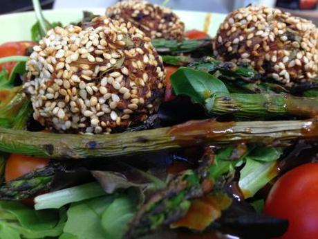 Guest Blogger: Poppy’s Patisserie – Moroccan Harissa and Sesame Quinoa Balls on Griddled Asparagus Salad with a Creamy Harissa Dressing IMG_0381