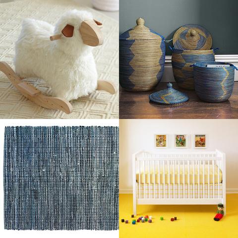 Modern furniture, textiles, and accessories for the baby's bedroom.