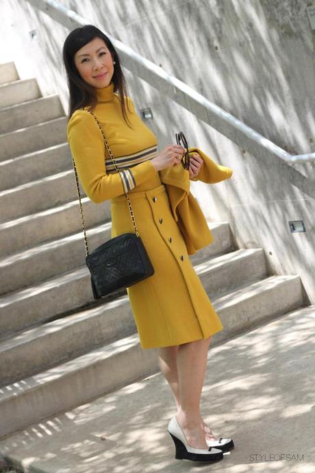 style of sam, vintage mustard dress with gray stripes, prada baroque sunglasses, large pearl stud earrings, tabitha simmons tuxedo wedges, chanel vintage camera bag with tassel