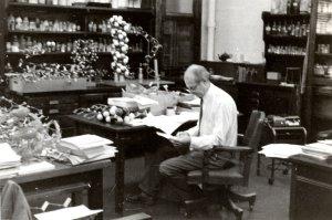 Linus Pauling in his office, Crellin Labs, 1955.