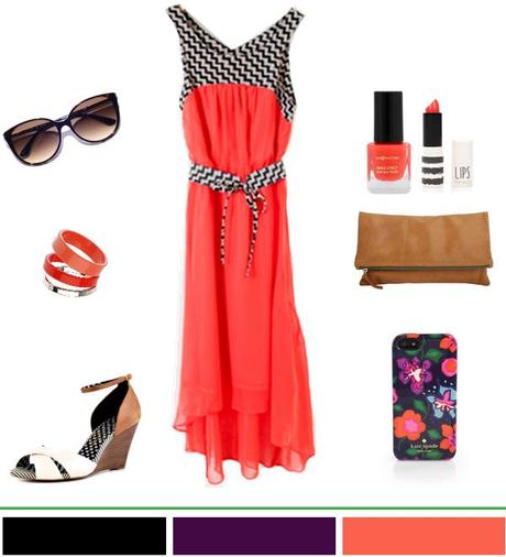 Summer Style: Coral hi-low hem dress w/ camel accessories. 