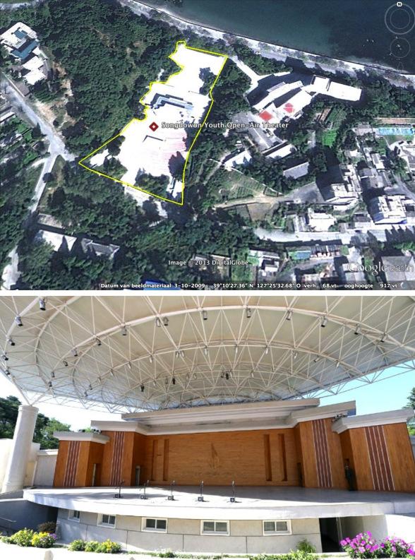 Songdowon Youth Open Air Theater in Wo'nsan, Kangwo'n Province (Photos: Google image, Rodong Sinmun).