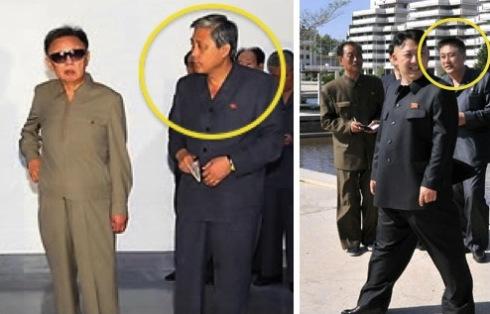 KWP Deputy Department Director Ma Won Chun (annotated) attends a tour by Kim Jong Il in Wo'nsan Province in August 2009 (L) and attends Kim Jong Un's visit to Songdowon International Children's Camp in May 2013 (Photos: KCNA-Yonhap, Rodong Sinmun).