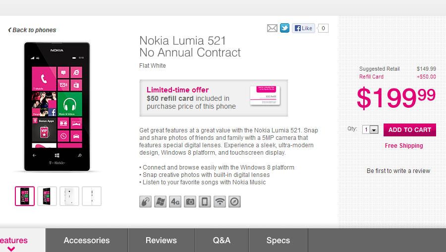 $50 Refill card with every purchase of Nokia Lumia 521 from T-Mobile