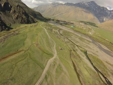 our camping site as seen from the camera on the kite in Kazbegi