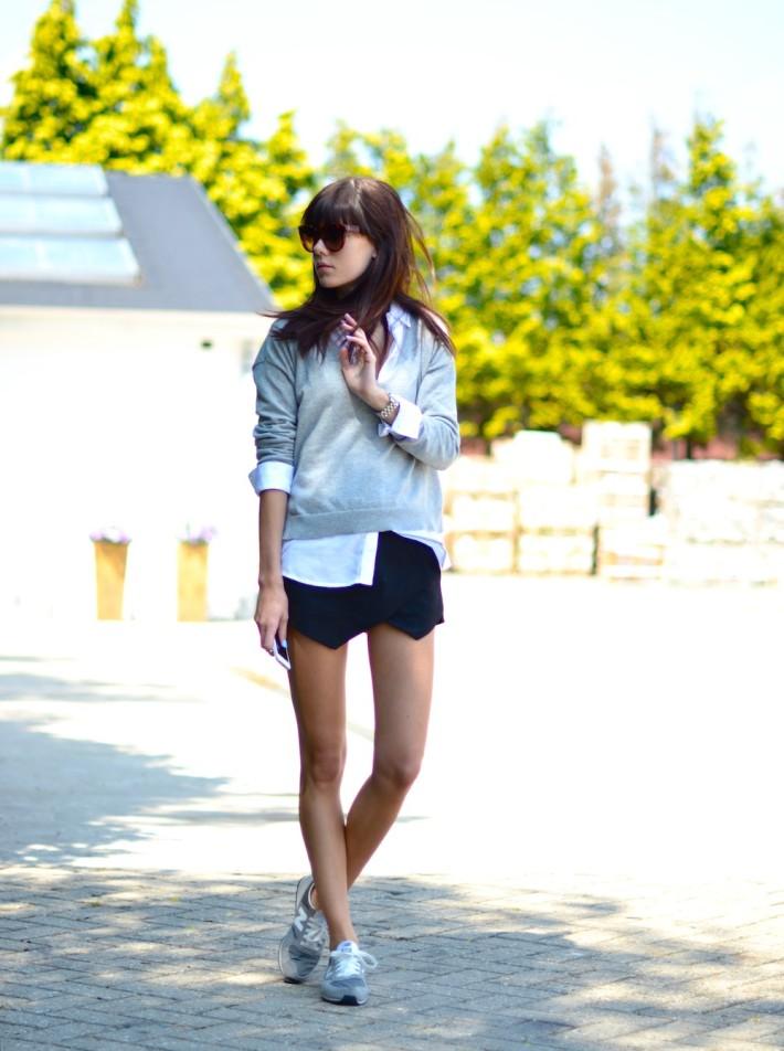 outfit new balance with skirt and blouse preppy celine