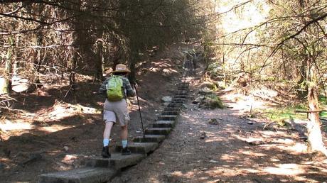 jean heads up the 600 steps to The Spinc hiking trail - wicklow mountains national park - ireland