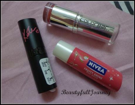 Rimmel Kate Moss lipstick - Rs.215/- Colorbar Velvet Matte Lipstick - Rs.275/- Nivea fruity shine lip balm - Rs.139/-