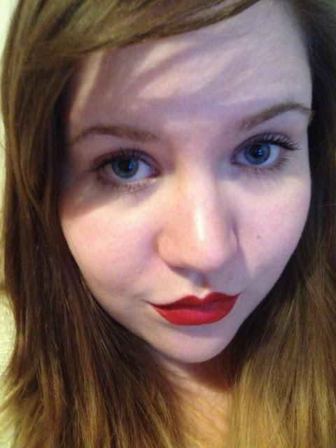 red lipstick and lipliner on me