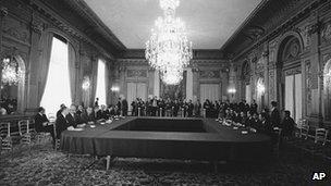 The US delegation, left, and North Vietnamese delegation at Paris peace talks 