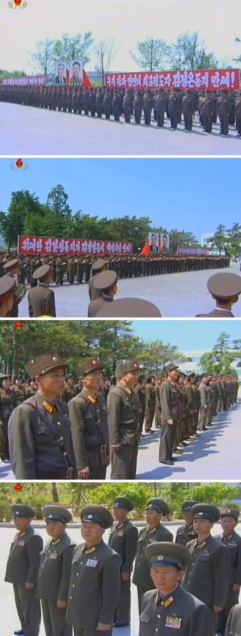 View of KPA service members and officers attending a 10 June 2013 ceremony to dedicate an autograph tablet sent by DPRK leader Kim Jong Un (Photos: KCTV screengrabs)