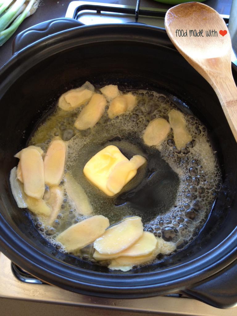 frying the ginger in melted butter