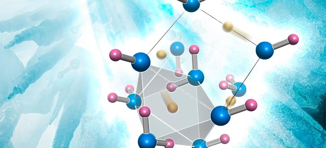 A fragment of the crystal structure of the new ice is shown where the oxygen atoms are blue and the molecular hydrogen atoms pink. Hydrogen atoms that have been pulled off the water molecules are colored gold. These appear to locate in polyhedral voids in the oxygen lattice (one of which is shaded light grey). Previously, these voids were believed to remain even after the water molecule breaks up at enormous pressures. (Credit: ORNL)