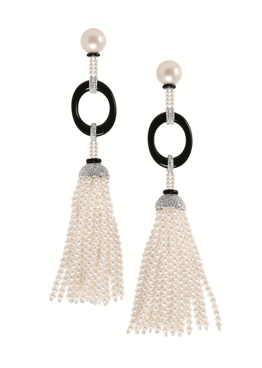 Ivanka Trump 18k seed pearl and onyx tassel earrings, tassel jewelry trend