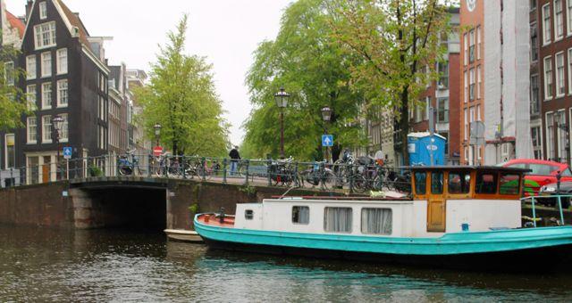 Houseboat on a canal in Amsterdam.