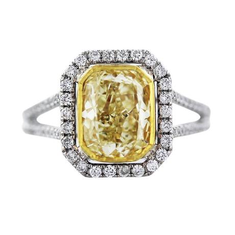 cushion cut yellow diamond ring, cushion cut engagement ring, yellow diamonds