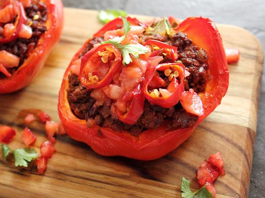 Stuffed Red Peppers with Red Rice and Buffalo, topped with Strawberries and Red Jalapeno - The Red Dish