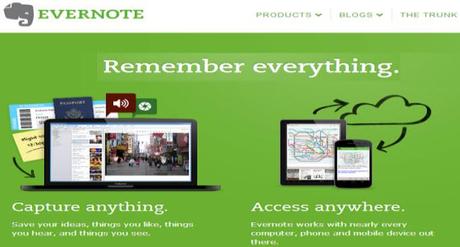 Evernote Homepage showing logo, laptop, tablet, remember everything, green background