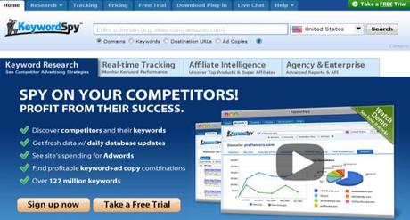 Spy on your COmpetitors - Keywordspy logo homepage blue background