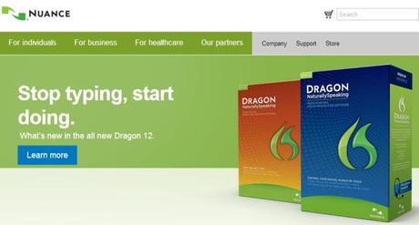 Nuance Website showing Dragon Naturally speaking softwares with green background