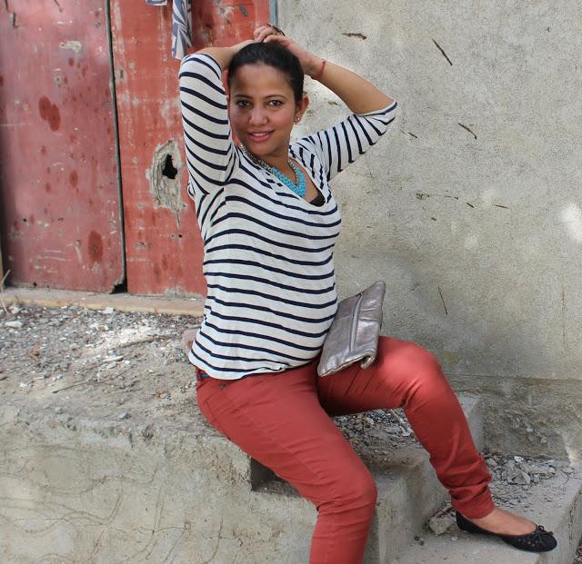Outfit- Styling White & Blue Stripes Top and Red Trousers