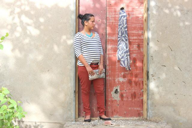 Outfit- Styling White & Blue Stripes Top and Red Trousers