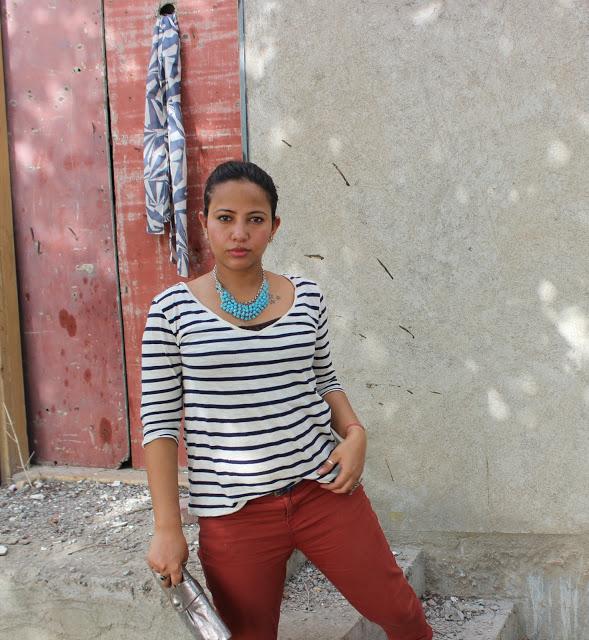 Outfit- Styling White & Blue Stripes Top and Red Trousers
