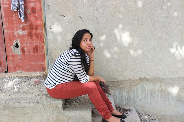 Outfit- Styling White & Blue Stripes Top and Red Trousers