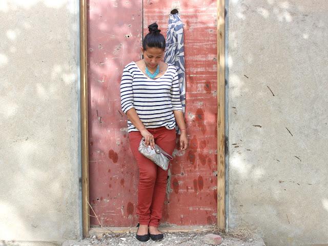 Outfit- Styling White & Blue Stripes Top and Red Trousers
