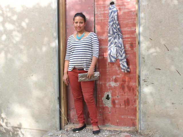 Outfit- Styling White & Blue Stripes Top and Red Trousers