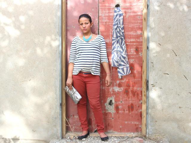 Outfit- Styling White & Blue Stripes Top and Red Trousers