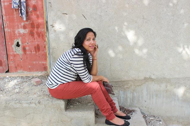 Outfit- Styling White & Blue Stripes Top and Red Trousers