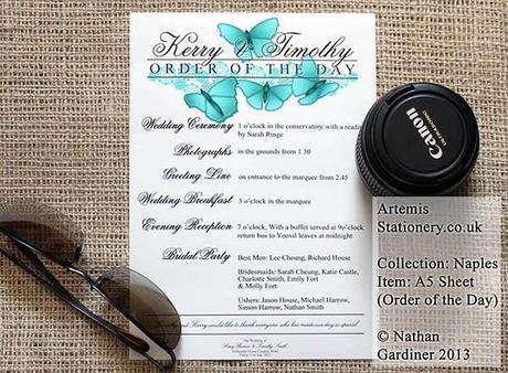 Order of the Day sheet giving program of the day and bridal party details