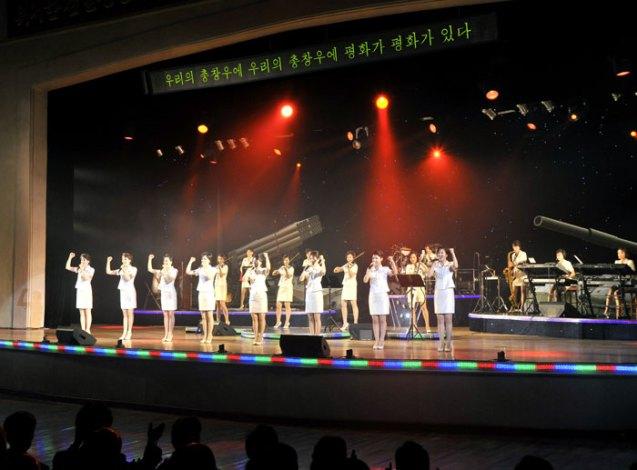 The Moranbong Band gives a concert for workers in Chagang Province (Photo: Rodong Sinmun).