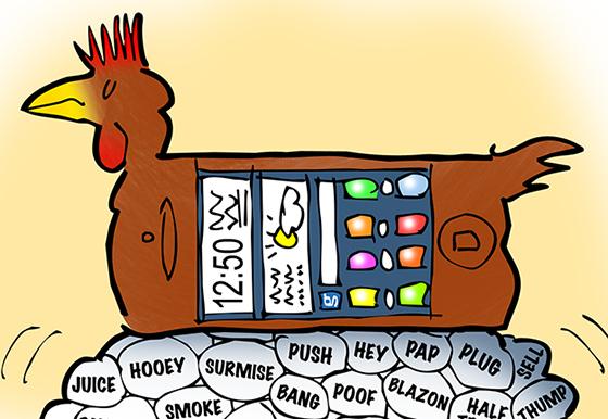 cell phone as chicken laying Twitter and social media eggs flat color on separate layer before lighting effects applied