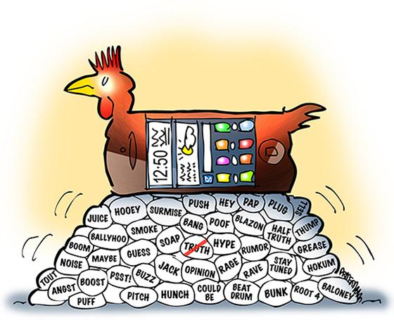 cell phone as chicken laying Twitter and social media eggs fostering rumor gossip opinion sound bites but not truth