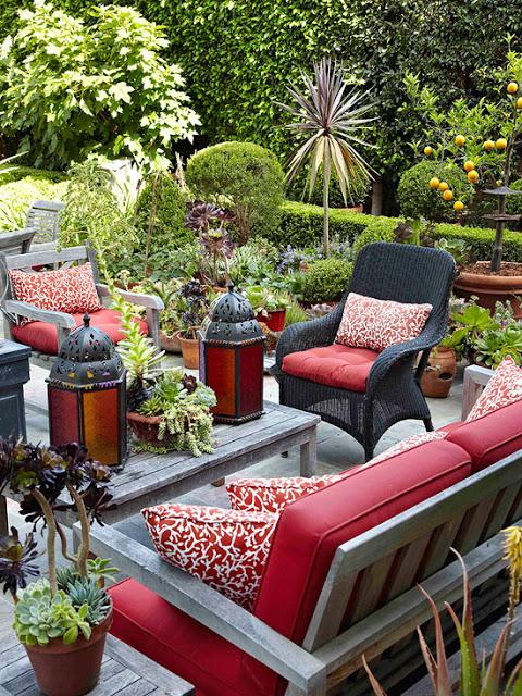 Outdoor Sitting Area wit Red Cushions on Grey Furniture