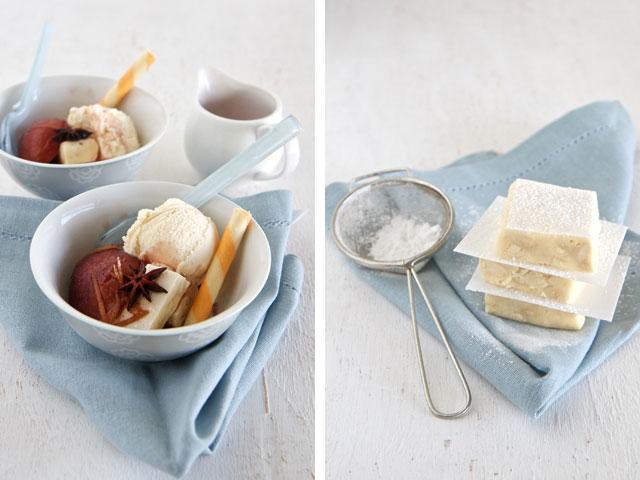 French Almond Nougat with poached fruit and icecream