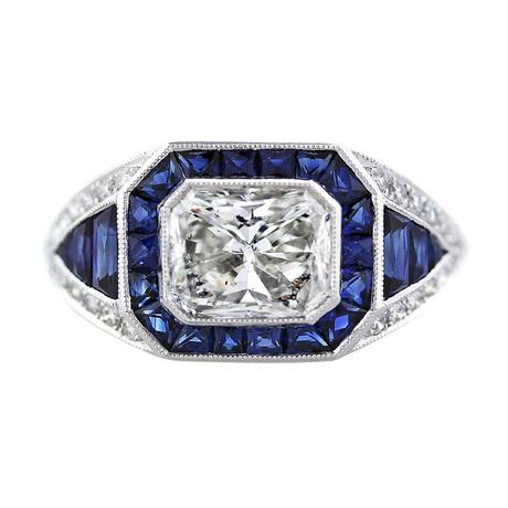 art deco style cocktail ring with diamonds and sapphires