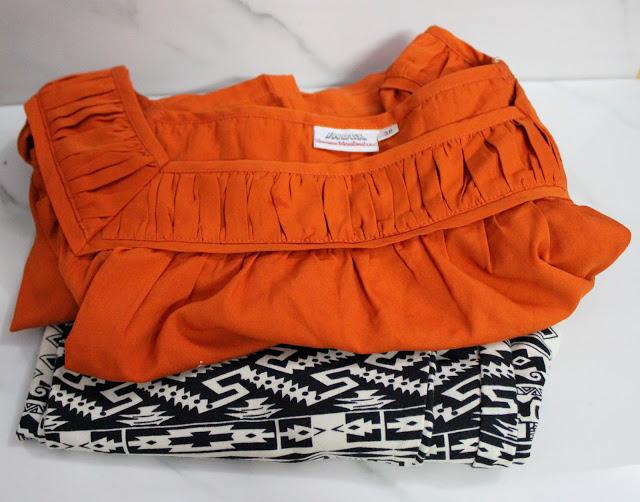 Aztec Print Pajamas in Off-White and Black with Orange Top